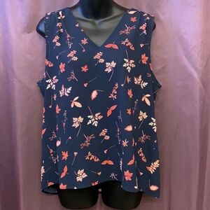 Renee C. Floral Navy and Coral Sleeveless Blouse Size Large EUC